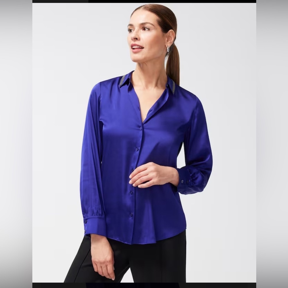 NWT CHICO’S Blue dressy blouse with detailed collar. Sizes 10 & 12 available